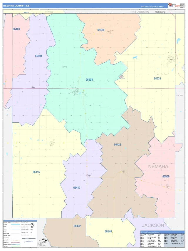 Nemaha County, KS ZIP Code Wall Map, ColorCast style