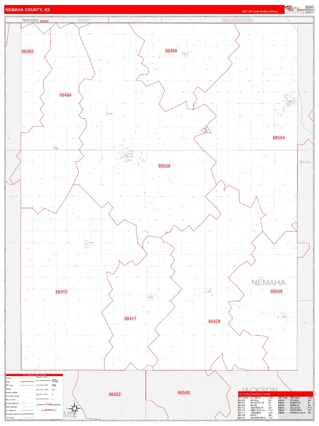 Nemaha County, KS ZIP Code Wall Map, RedLine style