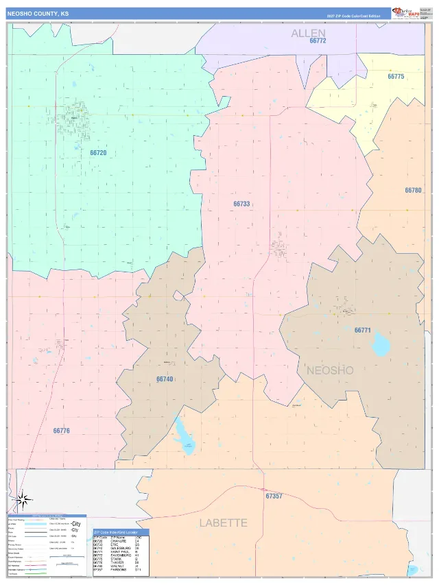 Neosho County, KS ZIP Code Wall Map, ColorCast style