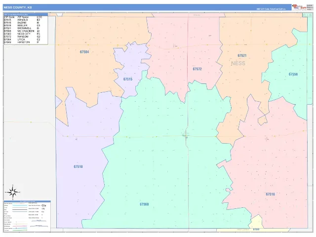Ness County, KS ZIP Code Wall Map, ColorCast style