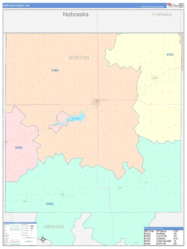 Norton County, KS ZIP Code Wall Map, ColorCast style