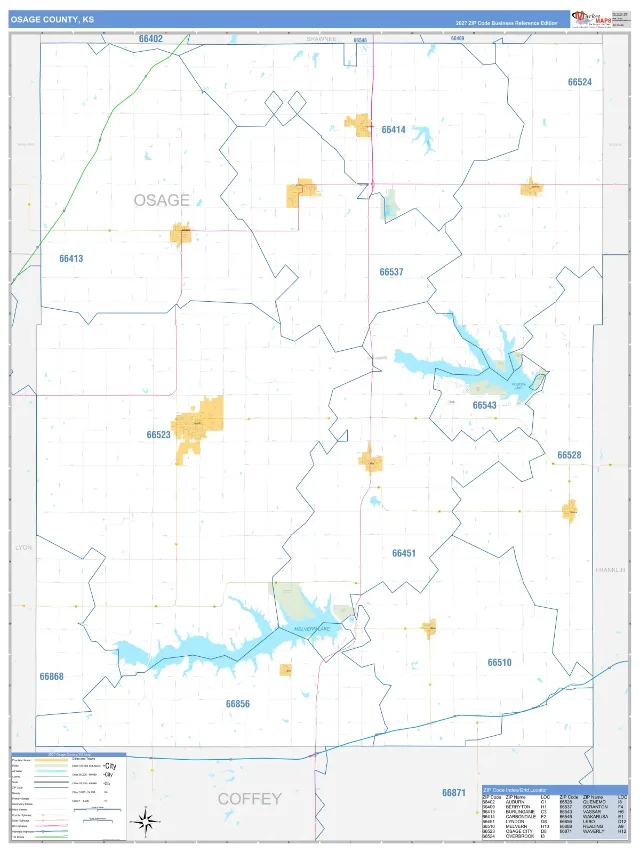 Osage County, KS ZIP Code Wall Map, Business Reference style