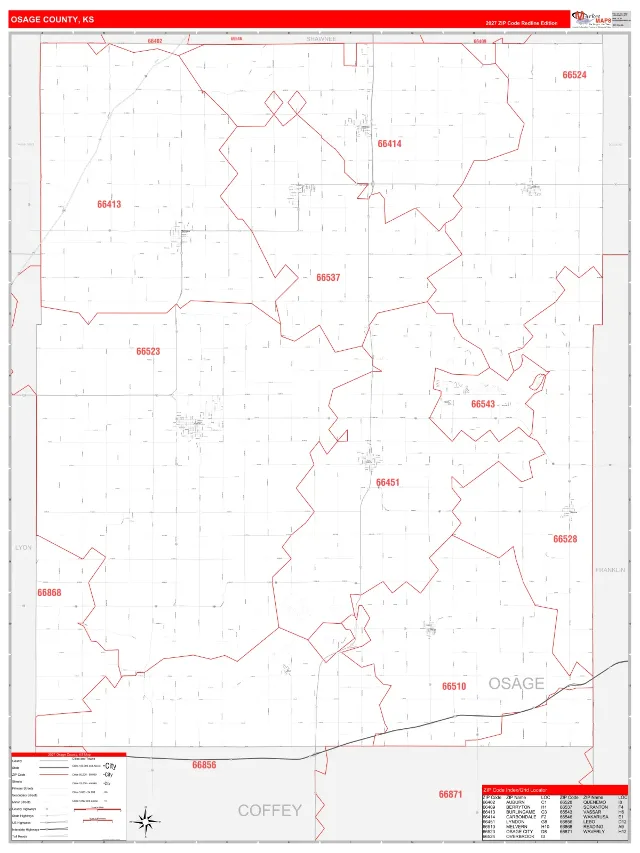 Osage County, KS ZIP Code Wall Map, RedLine style