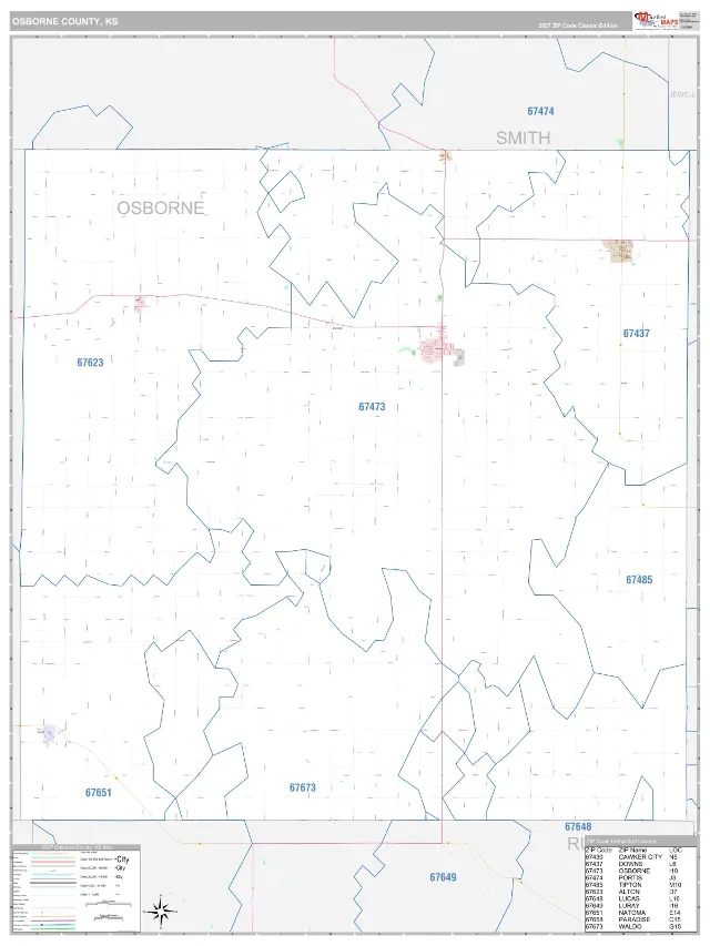 Osborne County, KS ZIP Code Wall Map, Classic style