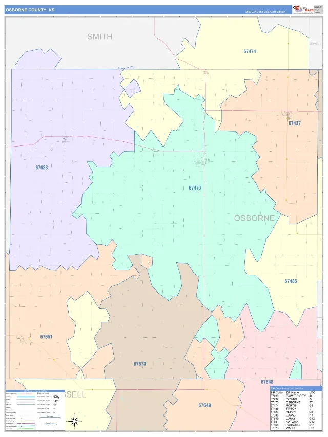 Osborne County, KS ZIP Code Wall Map, ColorCast style
