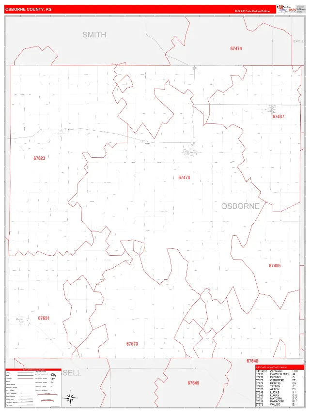 Osborne County, KS ZIP Code Wall Map, RedLine style