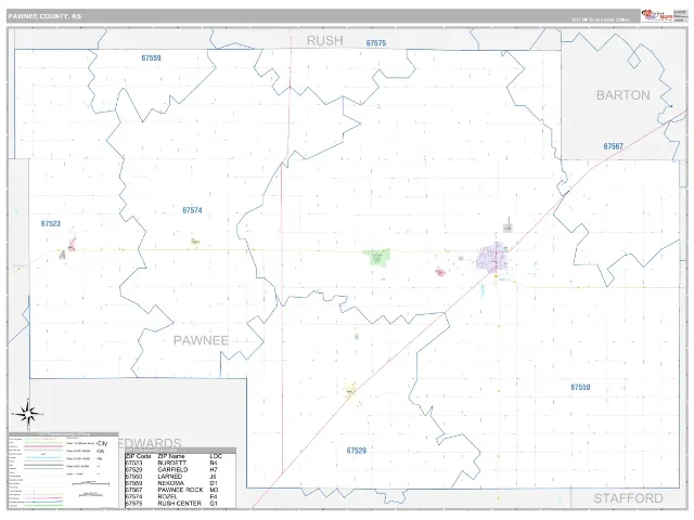 Pawnee County, KS ZIP Code Wall Map, Classic style