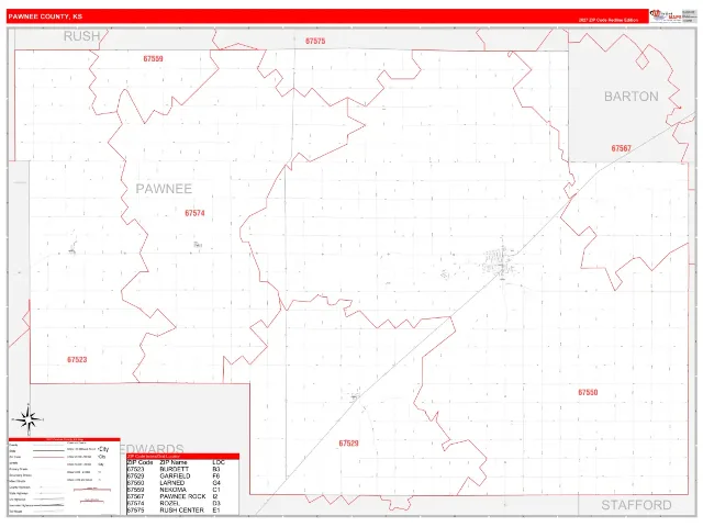 Pawnee County, KS ZIP Code Wall Map, RedLine style
