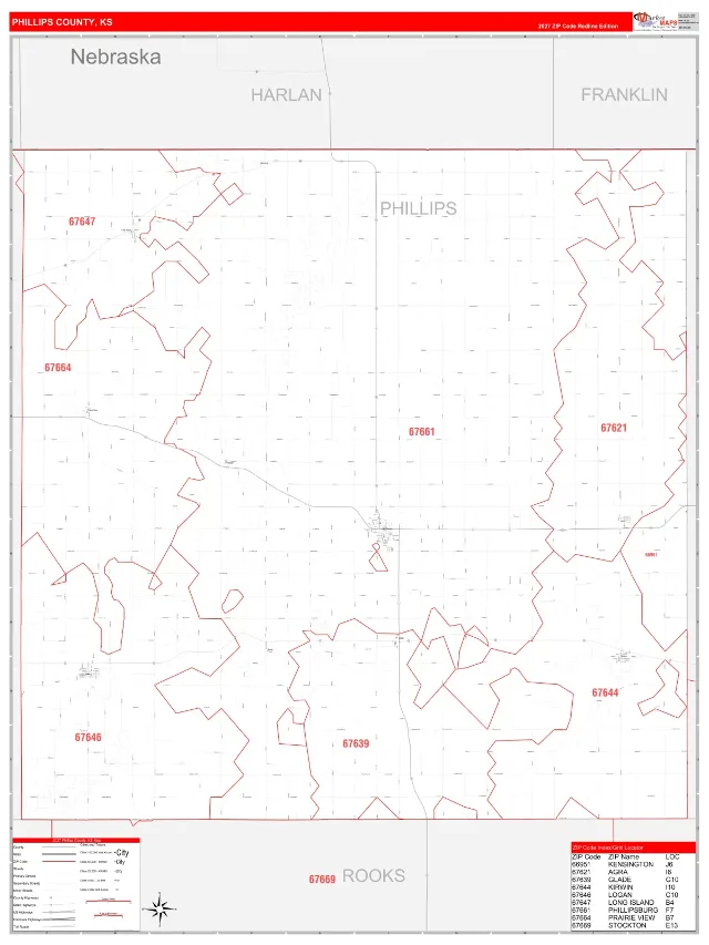 Phillips County, KS ZIP Code Wall Map, RedLine style
