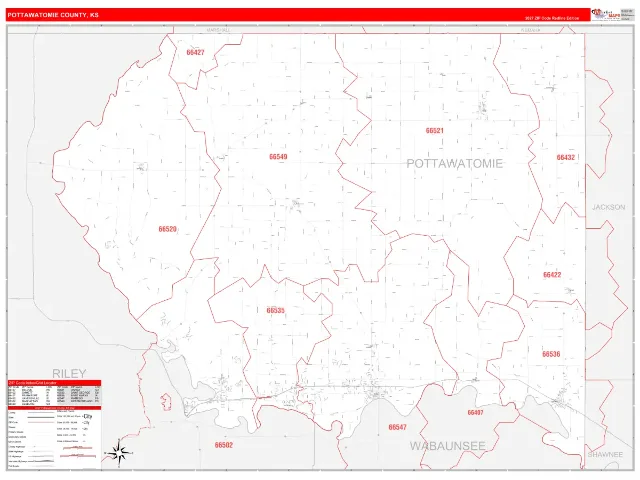 Pottawatomie County, KS ZIP Code Wall Map, RedLine style