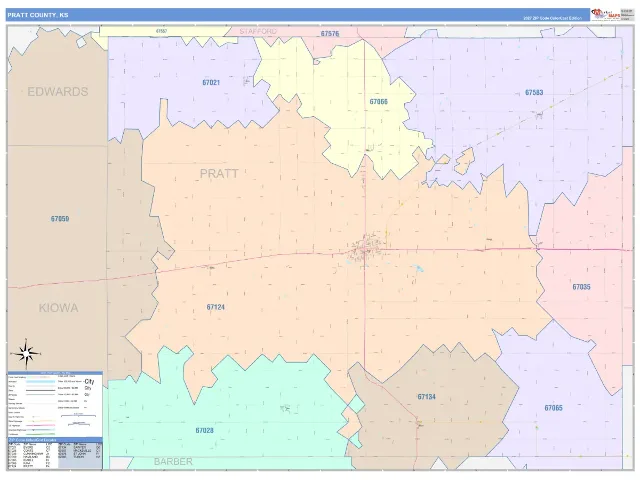 Pratt County, KS ZIP Code Wall Map, ColorCast style