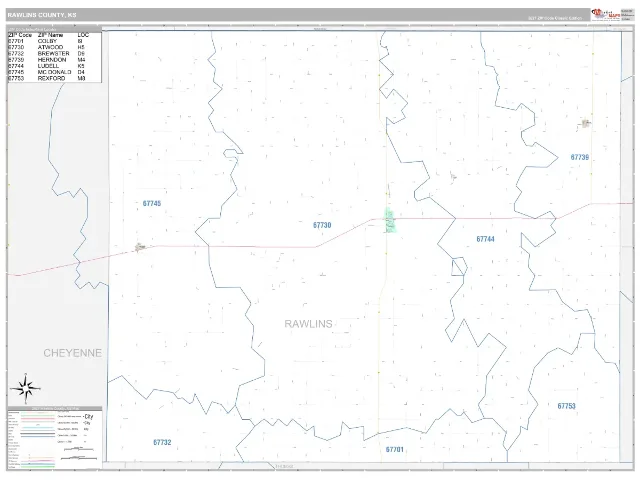Rawlins County, KS ZIP Code Wall Map, Classic style