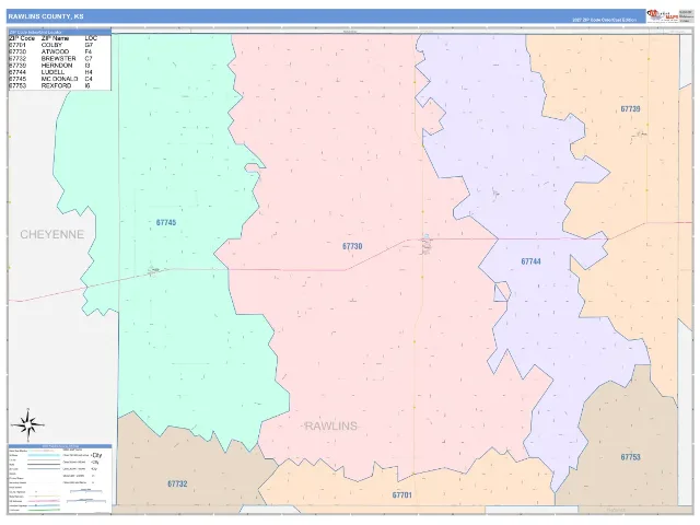 Rawlins County, KS ZIP Code Wall Map, ColorCast style