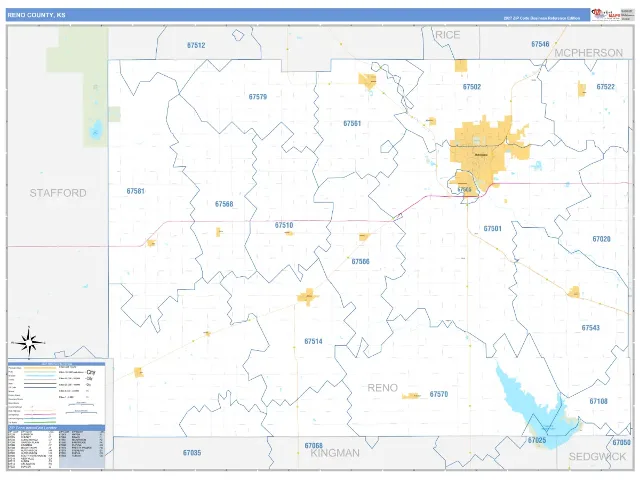 Reno County, KS ZIP Code Wall Map, Business Reference style