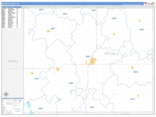 Republic County, KS ZIP Code Wall Map, Business Reference style