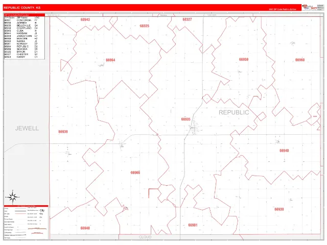 Republic County, KS ZIP Code Wall Map, RedLine style