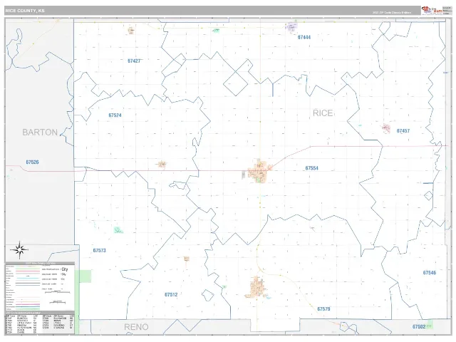 Rice County, KS ZIP Code Wall Map, Classic style