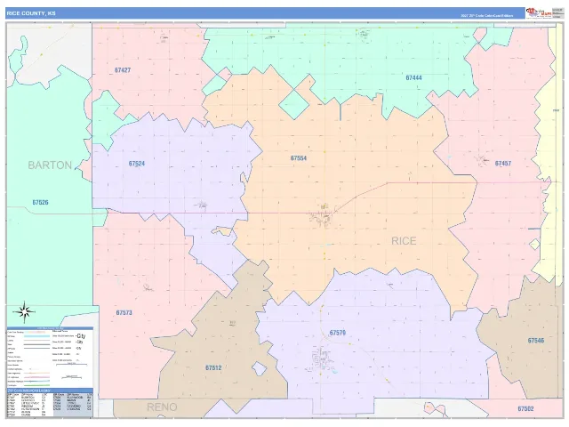 Rice County, KS ZIP Code Wall Map, ColorCast style