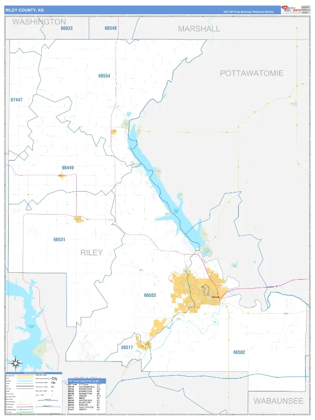 Riley County, KS ZIP Code Wall Map, Business Reference style
