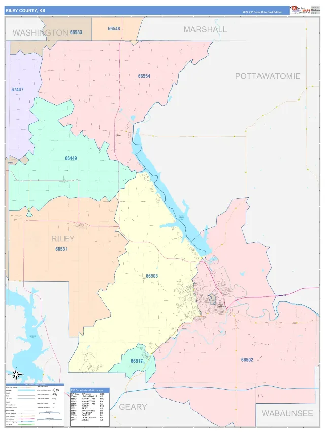 Riley County, KS ZIP Code Wall Map, ColorCast style