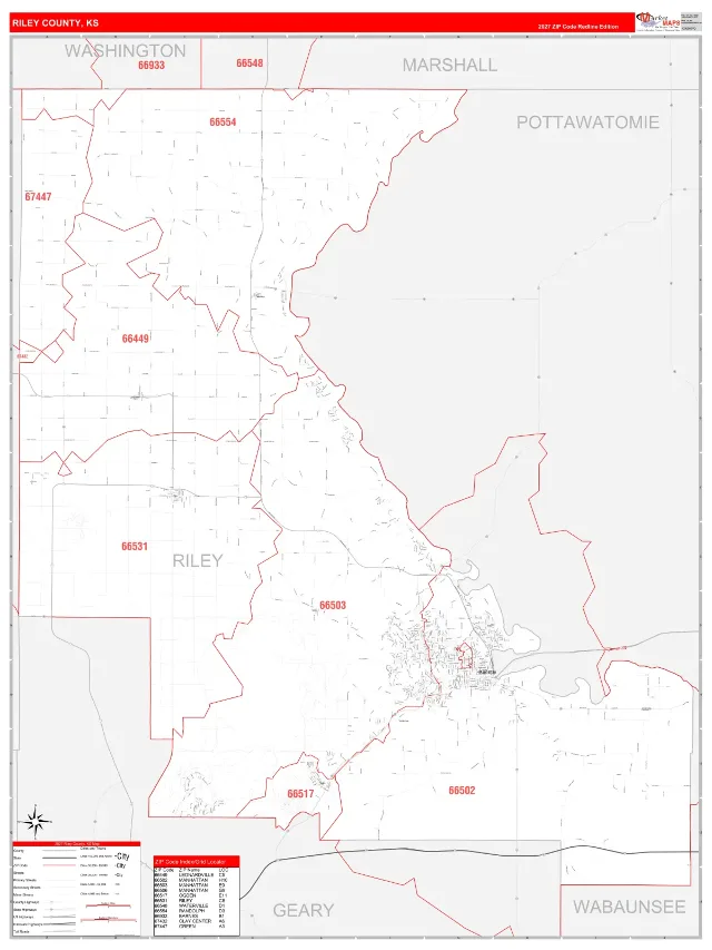 Riley County, KS ZIP Code Wall Map, RedLine style