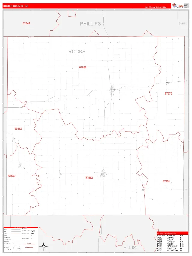 Rooks County, KS ZIP Code Wall Map, RedLine style