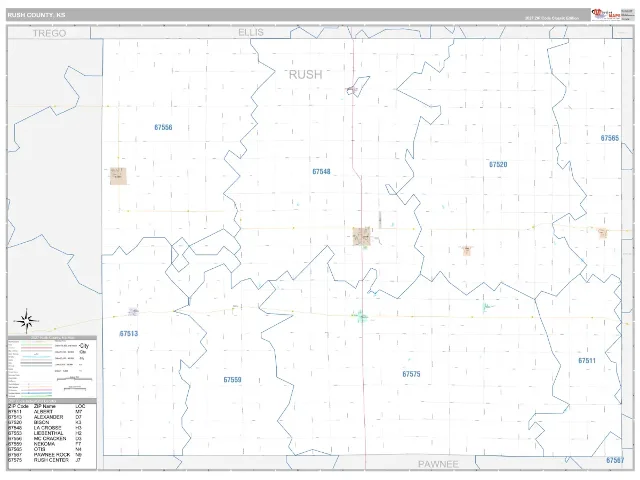 Rush County, KS ZIP Code Wall Map, Classic style
