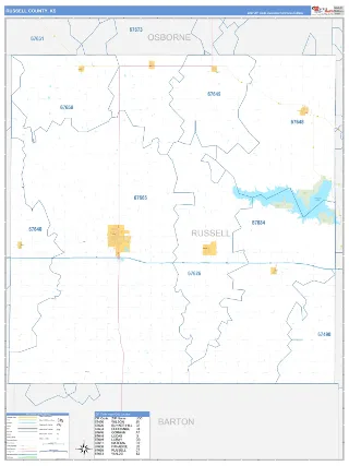 Russell County, KS Business Reference style ZIP Code wall map