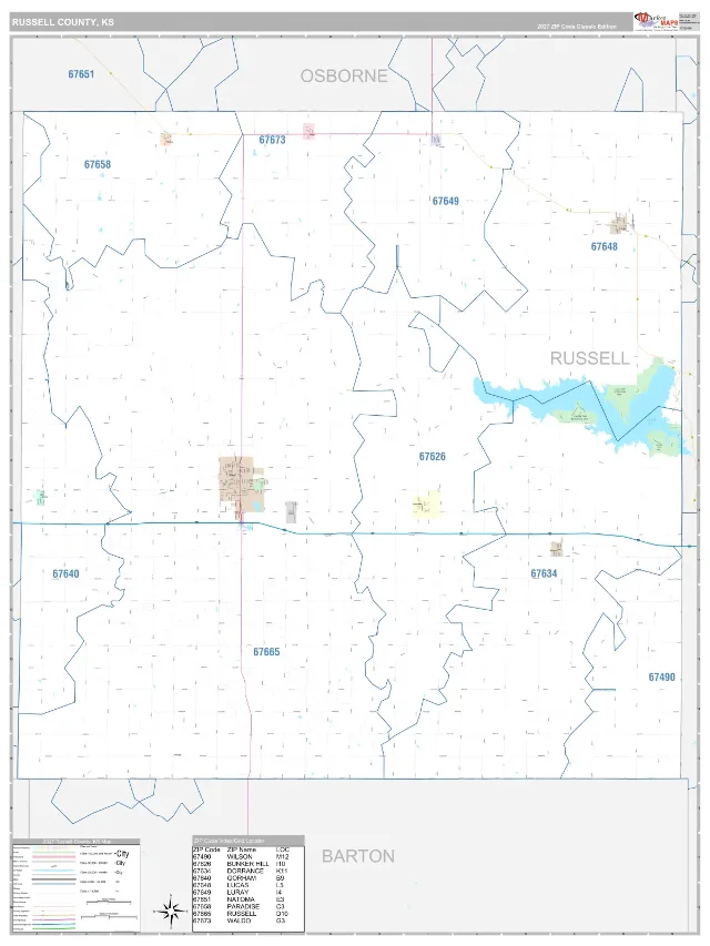 Russell County, KS ZIP Code Wall Map, Classic style
