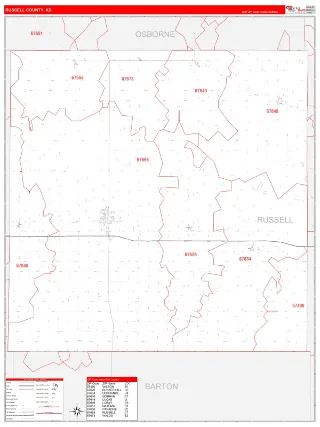 Russell County, KS RedLine style ZIP Code wall map
