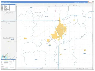 Saline County, KS Business Reference style ZIP Code wall map