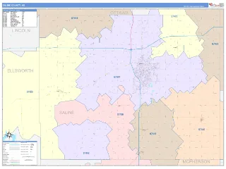 Saline County, KS ColorCast style ZIP Code wall map