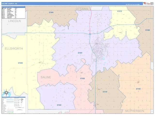Saline County, KS ZIP Code Wall Map, ColorCast style