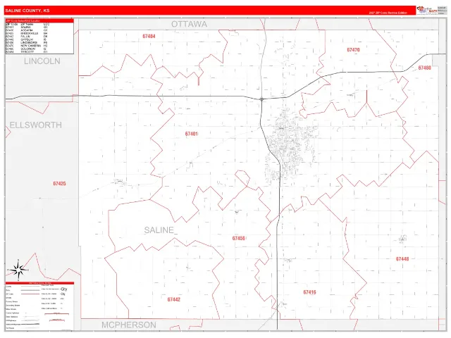 Saline County, KS ZIP Code Wall Map, RedLine style