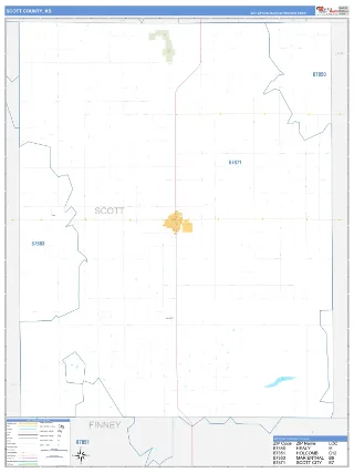 Scott County, KS Business Reference style ZIP Code wall map