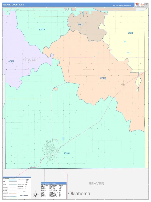 Seward County, KS ZIP Code Wall Map, ColorCast style