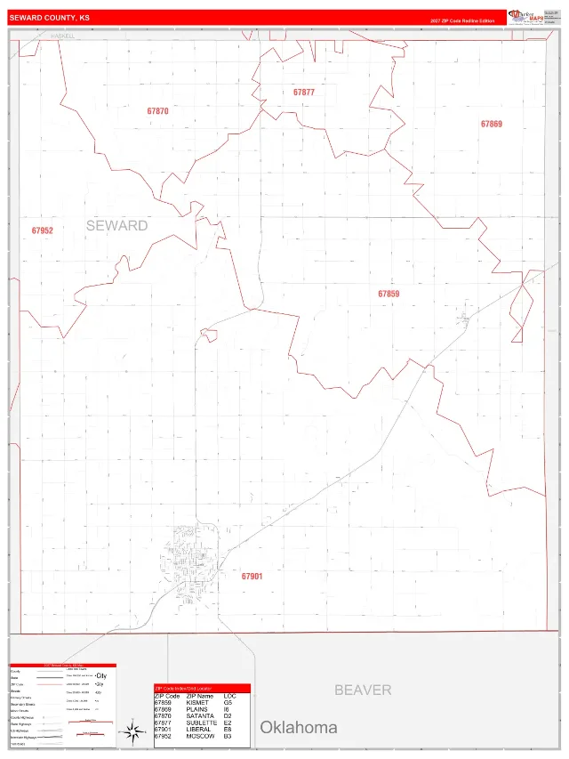 Seward County, KS ZIP Code Wall Map, RedLine style