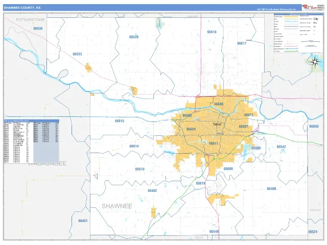 Shawnee County, KS ZIP Code Wall Map, Business Reference style
