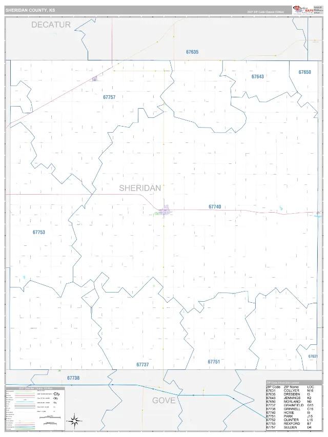 Sheridan County, KS ZIP Code Wall Map, Classic style