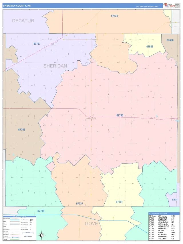 Sheridan County, KS ZIP Code Wall Map, ColorCast style