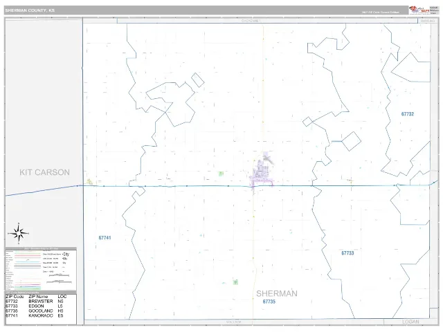 Sherman County, KS ZIP Code Wall Map, Classic style