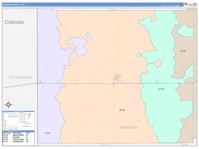 Sherman County, KS ZIP Code Wall Map, ColorCast style