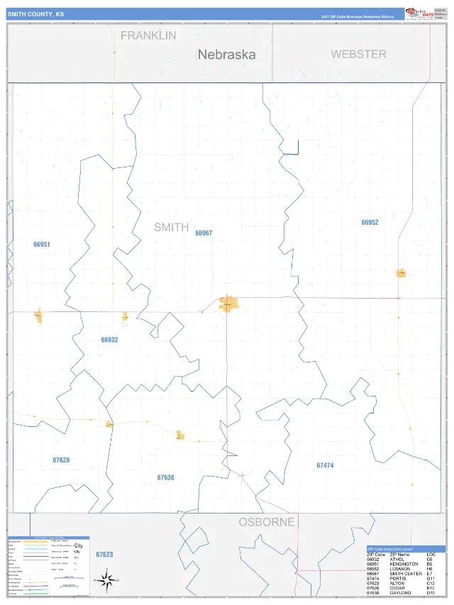 Smith County, KS ZIP Code Wall Map, Business Reference style