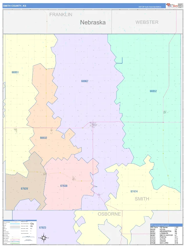 Smith County, KS ZIP Code Wall Map, ColorCast style