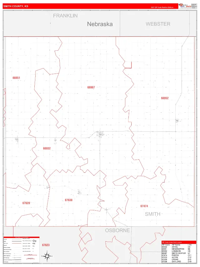 Smith County, KS ZIP Code Wall Map, RedLine style
