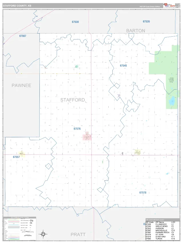 Stafford County, KS ZIP Code Wall Map, Classic style