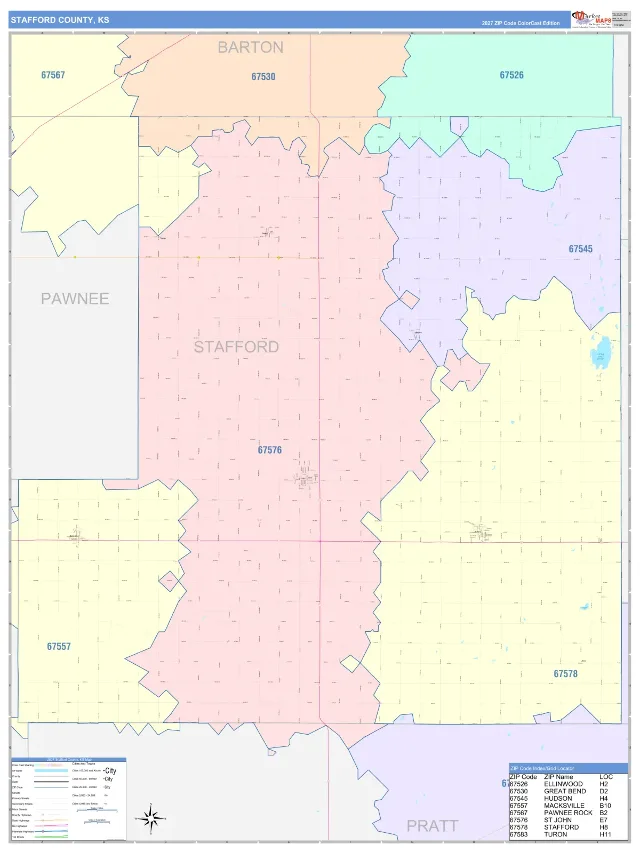 Stafford County, KS ZIP Code Wall Map, ColorCast style