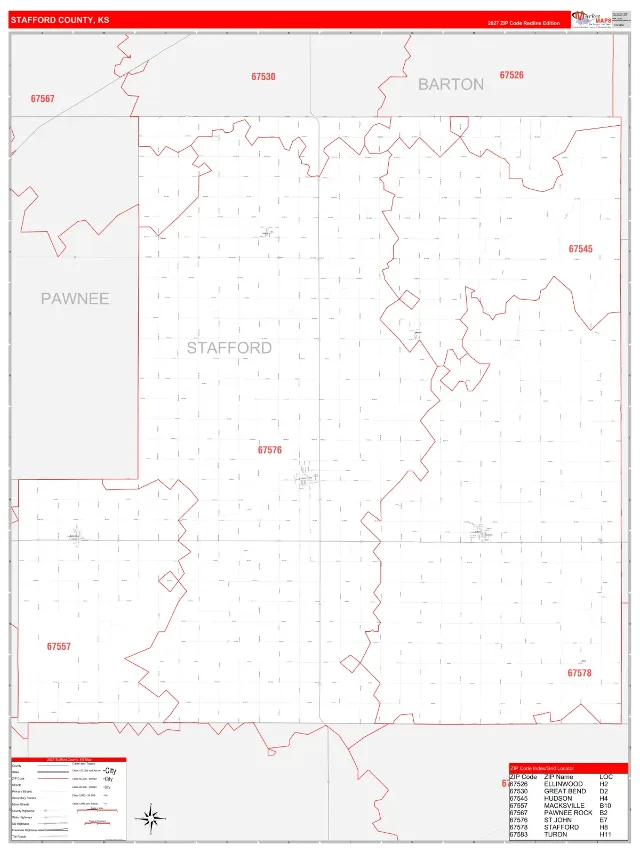 Stafford County, KS ZIP Code Wall Map, RedLine style
