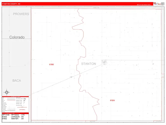 Stanton County, KS ZIP Code Wall Map, RedLine style