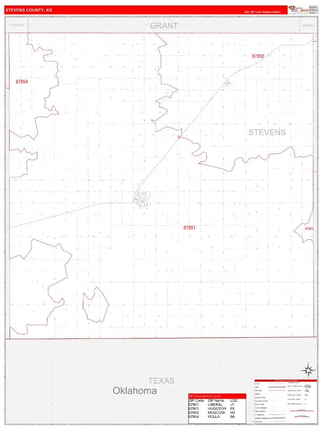 Stevens County, KS ZIP Code Wall Map, RedLine style